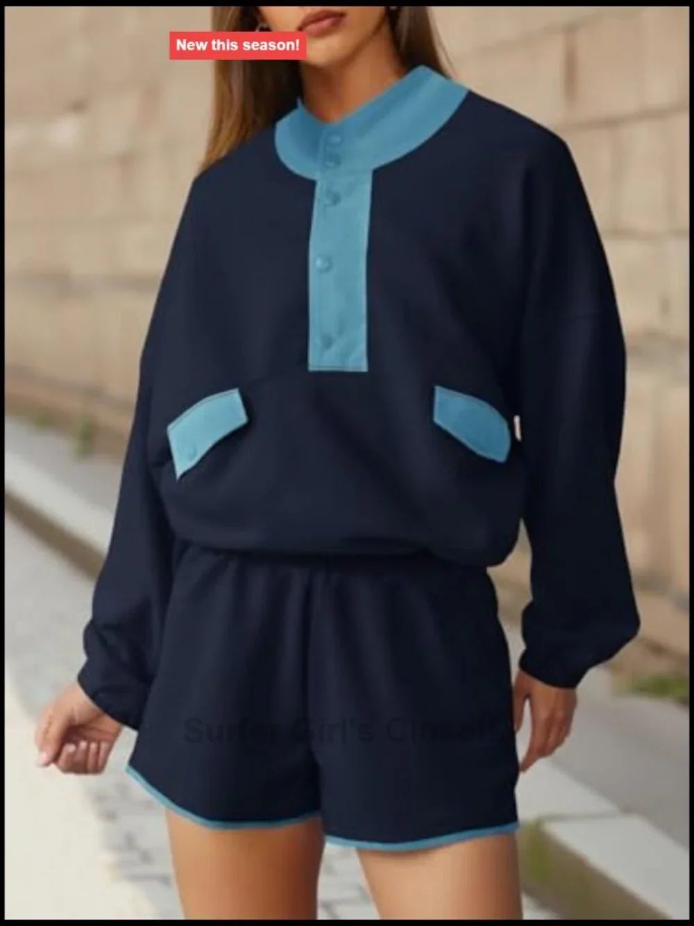 Women's 2 Piece Sets - Casual Half Button Color Block Sweatshirt and Running
